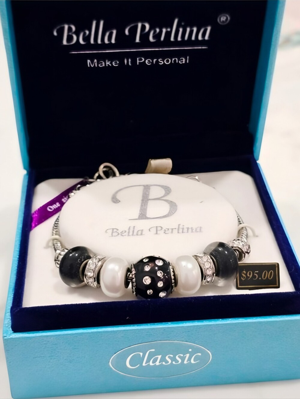 Bella Perlina Classic Charm Bracelet Black White Crystal Bead Gift Box NWT